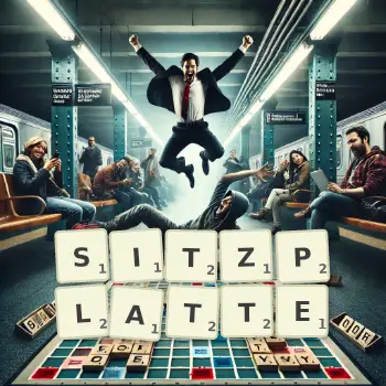Kreative Illustration für ein Scrabble-Spiel, bei dem das Wort SITZPLATTE mit Steinen auf dem Brett gelegt wurde.