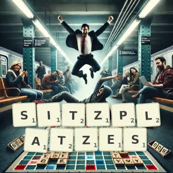 Kreative Illustration für ein Scrabble-Spiel, bei dem das Wort SITZPLATZES mit Steinen auf dem Brett gelegt wurde.