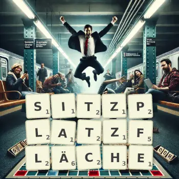 Kreative Illustration für ein Scrabble-Spiel, bei dem das Wort SITZPLATZFLÄCHE mit Steinen auf dem Brett gelegt wurde.