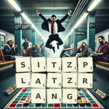 Kreative Illustration für ein Scrabble-Spiel, bei dem das Wort SITZPLATZRANG mit Steinen auf dem Brett gelegt wurde.