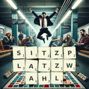Kreative Illustration für ein Scrabble-Spiel, bei dem das Wort SITZPLATZWAHL mit Steinen auf dem Brett gelegt wurde.