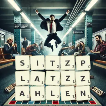 Kreative Illustration für ein Scrabble-Spiel, bei dem das Wort SITZPLATZZAHLEN mit Steinen auf dem Brett gelegt wurde.