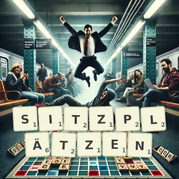 Kreative Illustration für ein Scrabble-Spiel, bei dem das Wort SITZPLÄTZEN mit Steinen auf dem Brett gelegt wurde.