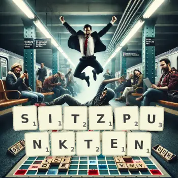 Kreative Illustration für ein Scrabble-Spiel, bei dem das Wort SITZPUNKTEN mit Steinen auf dem Brett gelegt wurde.