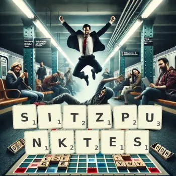 Kreative Illustration für ein Scrabble-Spiel, bei dem das Wort SITZPUNKTES mit Steinen auf dem Brett gelegt wurde.