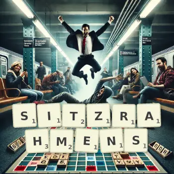 Kreative Illustration für ein Scrabble-Spiel, bei dem das Wort SITZRAHMENS mit Steinen auf dem Brett gelegt wurde.