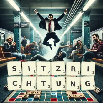 Kreative Illustration für ein Scrabble-Spiel, bei dem das Wort SITZRICHTUNG mit Steinen auf dem Brett gelegt wurde.