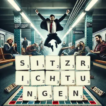 Kreative Illustration für ein Scrabble-Spiel, bei dem das Wort SITZRICHTUNGEN mit Steinen auf dem Brett gelegt wurde.