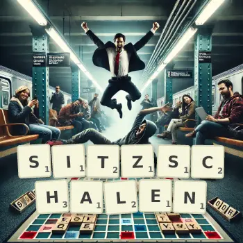 Kreative Illustration für ein Scrabble-Spiel, bei dem das Wort SITZSCHALEN mit Steinen auf dem Brett gelegt wurde.