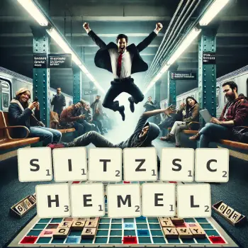 Kreative Illustration für ein Scrabble-Spiel, bei dem das Wort SITZSCHEMEL mit Steinen auf dem Brett gelegt wurde.