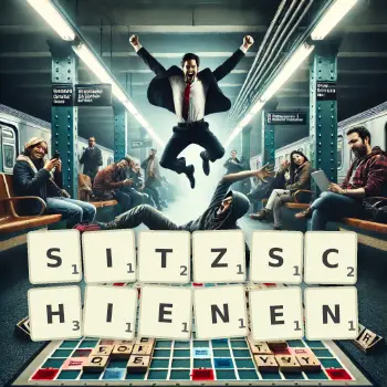 Kreative Illustration für ein Scrabble-Spiel, bei dem das Wort SITZSCHIENEN mit Steinen auf dem Brett gelegt wurde.