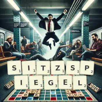 Kreative Illustration für ein Scrabble-Spiel, bei dem das Wort SITZSPIEGEL mit Steinen auf dem Brett gelegt wurde.