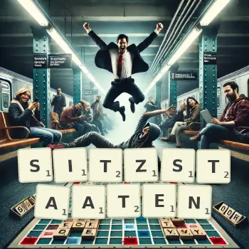 Kreative Illustration für ein Scrabble-Spiel, bei dem das Wort SITZSTAATEN mit Steinen auf dem Brett gelegt wurde.