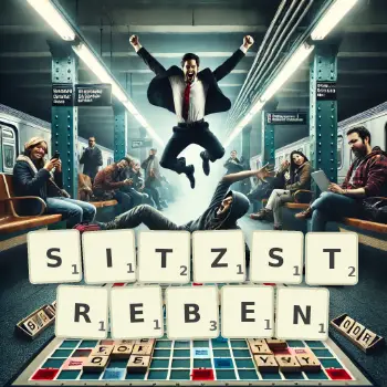 Kreative Illustration für ein Scrabble-Spiel, bei dem das Wort SITZSTREBEN mit Steinen auf dem Brett gelegt wurde.