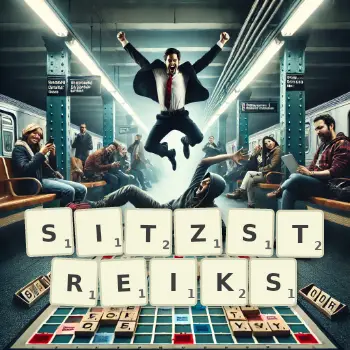Kreative Illustration für ein Scrabble-Spiel, bei dem das Wort SITZSTREIKS mit Steinen auf dem Brett gelegt wurde.