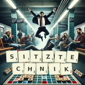 Kreative Illustration für ein Scrabble-Spiel, bei dem das Wort SITZTECHNIK mit Steinen auf dem Brett gelegt wurde.