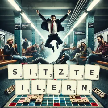 Kreative Illustration für ein Scrabble-Spiel, bei dem das Wort SITZTEILERN mit Steinen auf dem Brett gelegt wurde.