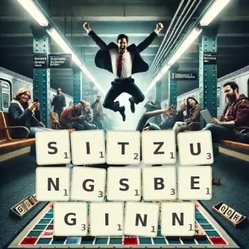 Kreative Illustration für ein Scrabble-Spiel, bei dem das Wort SITZUNGSBEGINN mit Steinen auf dem Brett gelegt wurde.