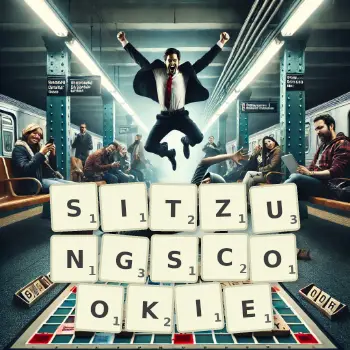 Kreative Illustration für ein Scrabble-Spiel, bei dem das Wort SITZUNGSCOOKIE mit Steinen auf dem Brett gelegt wurde.