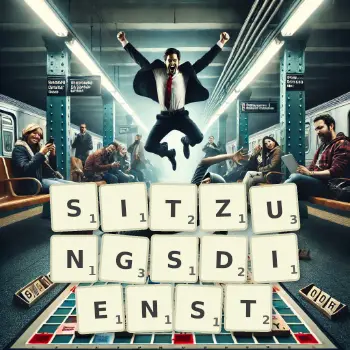 Kreative Illustration für ein Scrabble-Spiel, bei dem das Wort SITZUNGSDIENST mit Steinen auf dem Brett gelegt wurde.