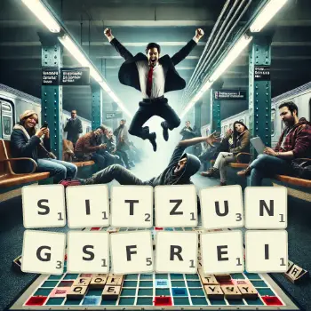 Kreative Illustration für ein Scrabble-Spiel, bei dem das Wort SITZUNGSFREI mit Steinen auf dem Brett gelegt wurde.