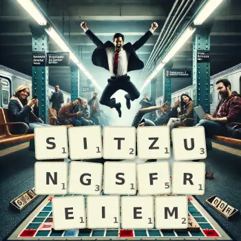 Kreative Illustration für ein Scrabble-Spiel, bei dem das Wort SITZUNGSFREIEM mit Steinen auf dem Brett gelegt wurde.