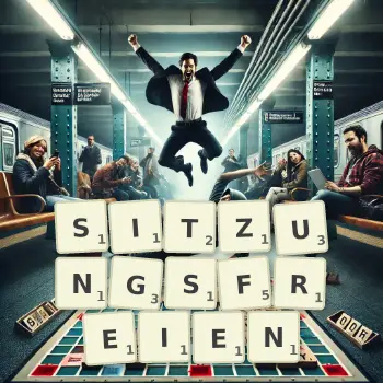 Kreative Illustration für ein Scrabble-Spiel, bei dem das Wort SITZUNGSFREIEN mit Steinen auf dem Brett gelegt wurde.