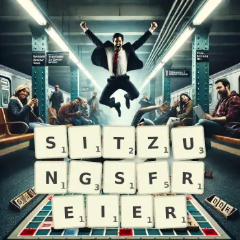 Kreative Illustration für ein Scrabble-Spiel, bei dem das Wort SITZUNGSFREIER mit Steinen auf dem Brett gelegt wurde.