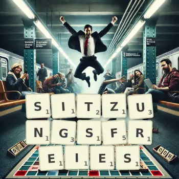 Kreative Illustration für ein Scrabble-Spiel, bei dem das Wort SITZUNGSFREIES mit Steinen auf dem Brett gelegt wurde.