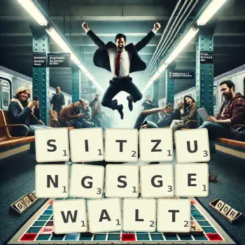 Kreative Illustration für ein Scrabble-Spiel, bei dem das Wort SITZUNGSGEWALT mit Steinen auf dem Brett gelegt wurde.