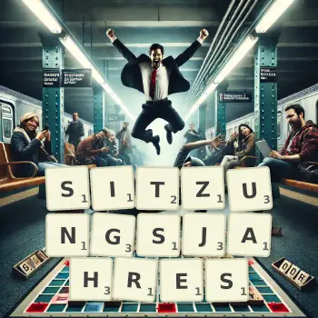 Kreative Illustration für ein Scrabble-Spiel, bei dem das Wort SITZUNGSJAHRES mit Steinen auf dem Brett gelegt wurde.