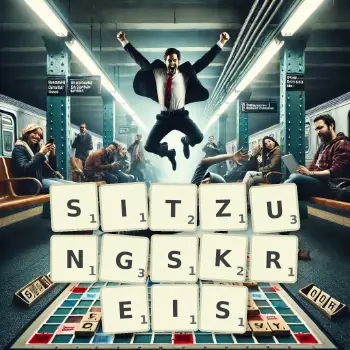 Kreative Illustration für ein Scrabble-Spiel, bei dem das Wort SITZUNGSKREIS mit Steinen auf dem Brett gelegt wurde.