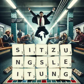 Kreative Illustration für ein Scrabble-Spiel, bei dem das Wort SITZUNGSLEITUNG mit Steinen auf dem Brett gelegt wurde.
