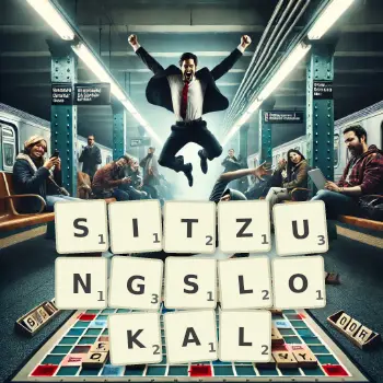 Kreative Illustration für ein Scrabble-Spiel, bei dem das Wort SITZUNGSLOKAL mit Steinen auf dem Brett gelegt wurde.