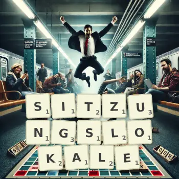 Kreative Illustration für ein Scrabble-Spiel, bei dem das Wort SITZUNGSLOKALE mit Steinen auf dem Brett gelegt wurde.