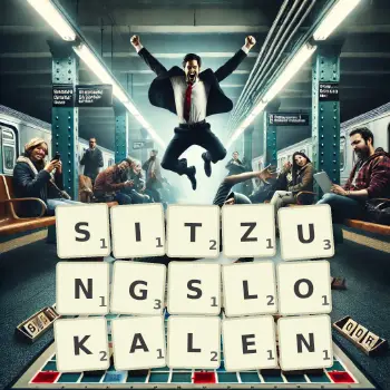 Kreative Illustration für ein Scrabble-Spiel, bei dem das Wort SITZUNGSLOKALEN mit Steinen auf dem Brett gelegt wurde.