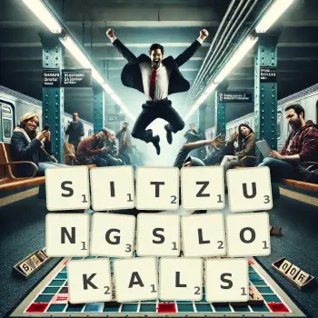 Kreative Illustration für ein Scrabble-Spiel, bei dem das Wort SITZUNGSLOKALS mit Steinen auf dem Brett gelegt wurde.