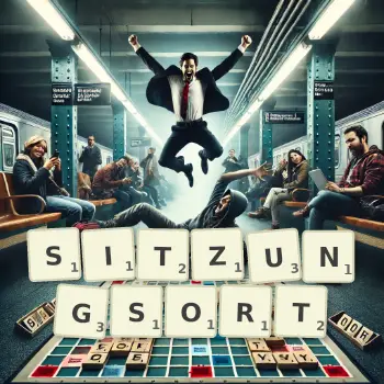 Kreative Illustration für ein Scrabble-Spiel, bei dem das Wort SITZUNGSORT mit Steinen auf dem Brett gelegt wurde.