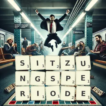 Kreative Illustration für ein Scrabble-Spiel, bei dem das Wort SITZUNGSPERIODE mit Steinen auf dem Brett gelegt wurde.