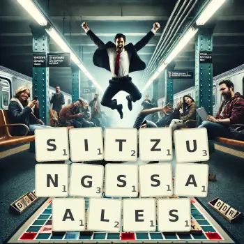 Kreative Illustration für ein Scrabble-Spiel, bei dem das Wort SITZUNGSSAALES mit Steinen auf dem Brett gelegt wurde.
