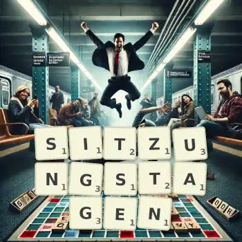 Kreative Illustration für ein Scrabble-Spiel, bei dem das Wort SITZUNGSTAGEN mit Steinen auf dem Brett gelegt wurde.