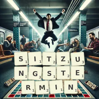 Kreative Illustration für ein Scrabble-Spiel, bei dem das Wort SITZUNGSTERMIN mit Steinen auf dem Brett gelegt wurde.