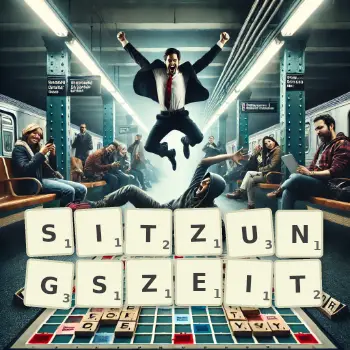 Kreative Illustration für ein Scrabble-Spiel, bei dem das Wort SITZUNGSZEIT mit Steinen auf dem Brett gelegt wurde.
