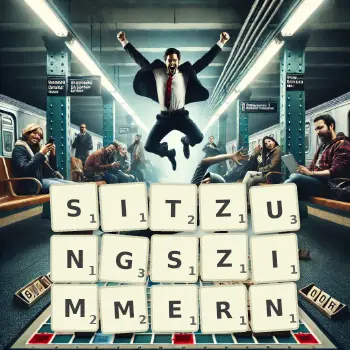 Kreative Illustration für ein Scrabble-Spiel, bei dem das Wort SITZUNGSZIMMERN mit Steinen auf dem Brett gelegt wurde.