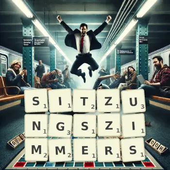 Kreative Illustration für ein Scrabble-Spiel, bei dem das Wort SITZUNGSZIMMERS mit Steinen auf dem Brett gelegt wurde.