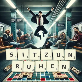 Kreative Illustration für ein Scrabble-Spiel, bei dem das Wort SITZUNRUHEN mit Steinen auf dem Brett gelegt wurde.