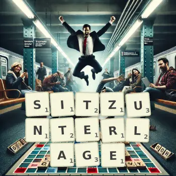 Kreative Illustration für ein Scrabble-Spiel, bei dem das Wort SITZUNTERLAGE mit Steinen auf dem Brett gelegt wurde.