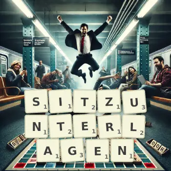 Kreative Illustration für ein Scrabble-Spiel, bei dem das Wort SITZUNTERLAGEN mit Steinen auf dem Brett gelegt wurde.