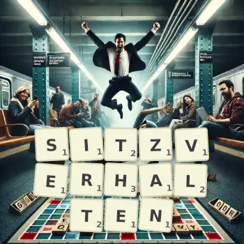 Kreative Illustration für ein Scrabble-Spiel, bei dem das Wort SITZVERHALTEN mit Steinen auf dem Brett gelegt wurde.