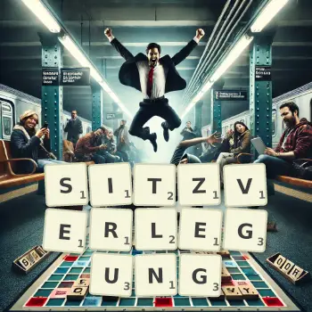 Kreative Illustration für ein Scrabble-Spiel, bei dem das Wort SITZVERLEGUNG mit Steinen auf dem Brett gelegt wurde.